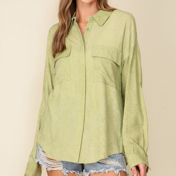 LUMIERE LONG SLEEVE DROP SHOULDER COLLARED BUTTON DOWN WASHED EFFECT SHIRT - Picture 1 of 5